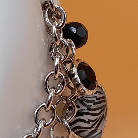 Silver Tone Charm Bracelet, Roses Zebra Heart Black Bead Rhinestone Toggle Clasp - Picture 6 of 10
